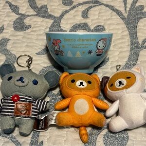 Kawaii Rilakkuma keychains and Sanrio bowl